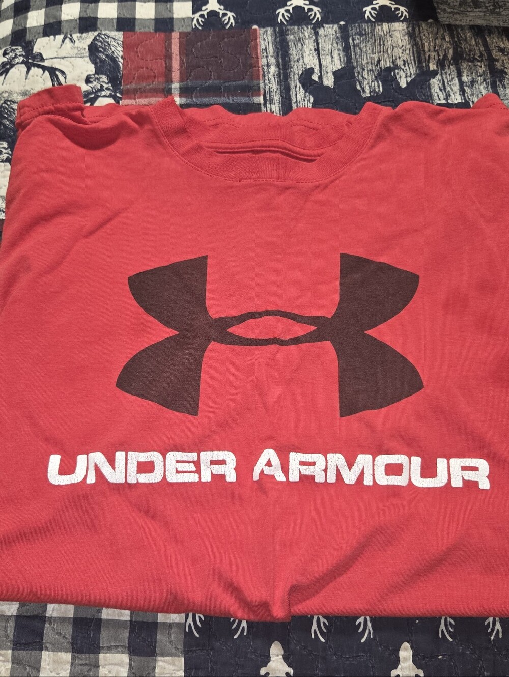 Under Armour Red Crew T-Shirt with Black Logo and White Text